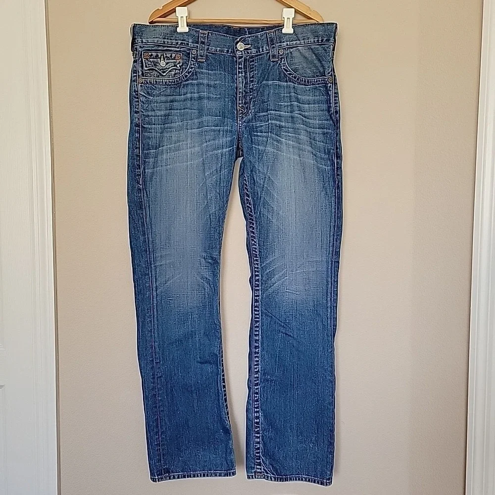 True Religion Mens Section Straight Blue Jeans Size 38 Pocket Flaps Whiskering